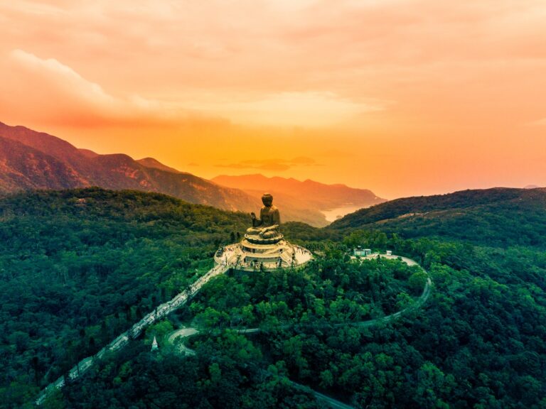 sitting budha statue on temple at the center of forest